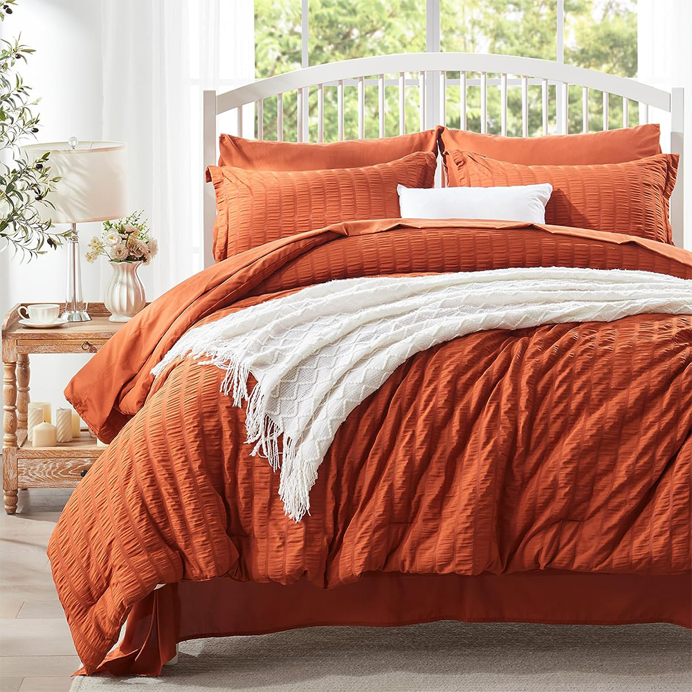 Solid Seersucker Comforter Set 7st Comforter med kudde skam och ark